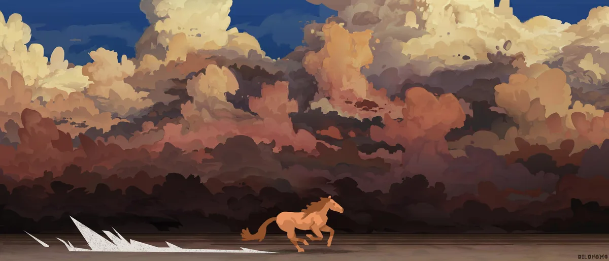 A stylized digital painting shows a single tan horse running from left to right across a dark, flat plain. Behind it, a…