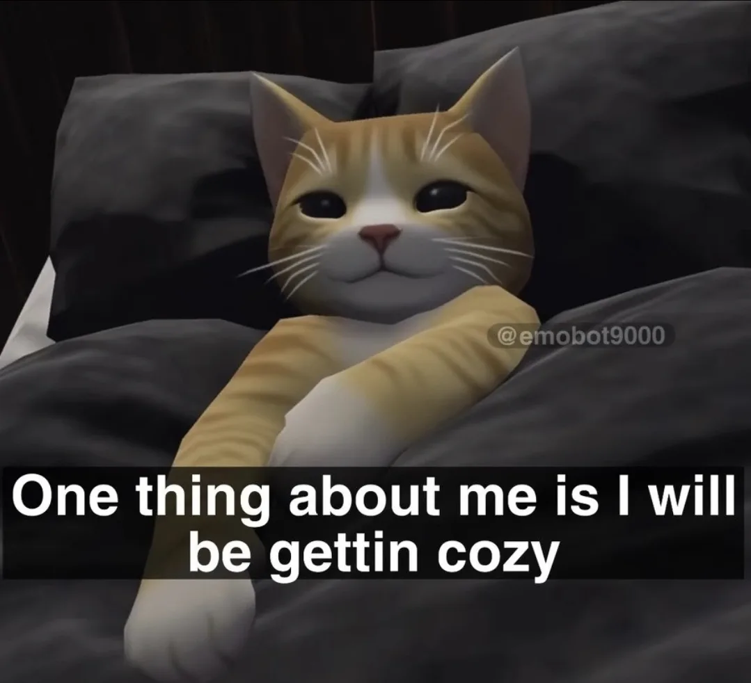 A 3D-rendered orange and white cat is lying in bed with dark gray blankets and pillows, looking relaxed and content. The cat…