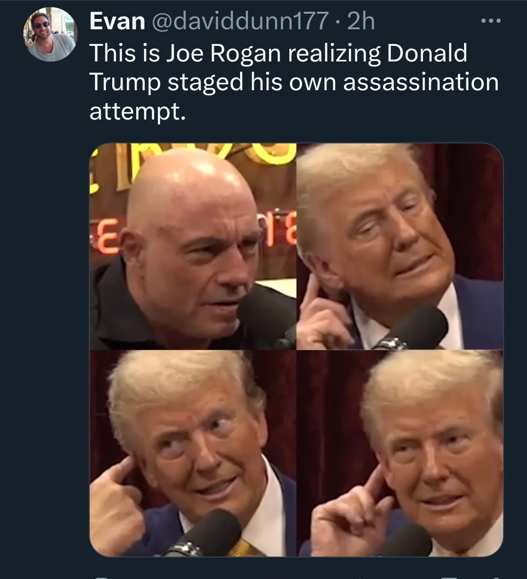 The image is a four-panel meme showing Joe Rogan looking skeptical and Donald Trump pointing to his temple with a smug or…
