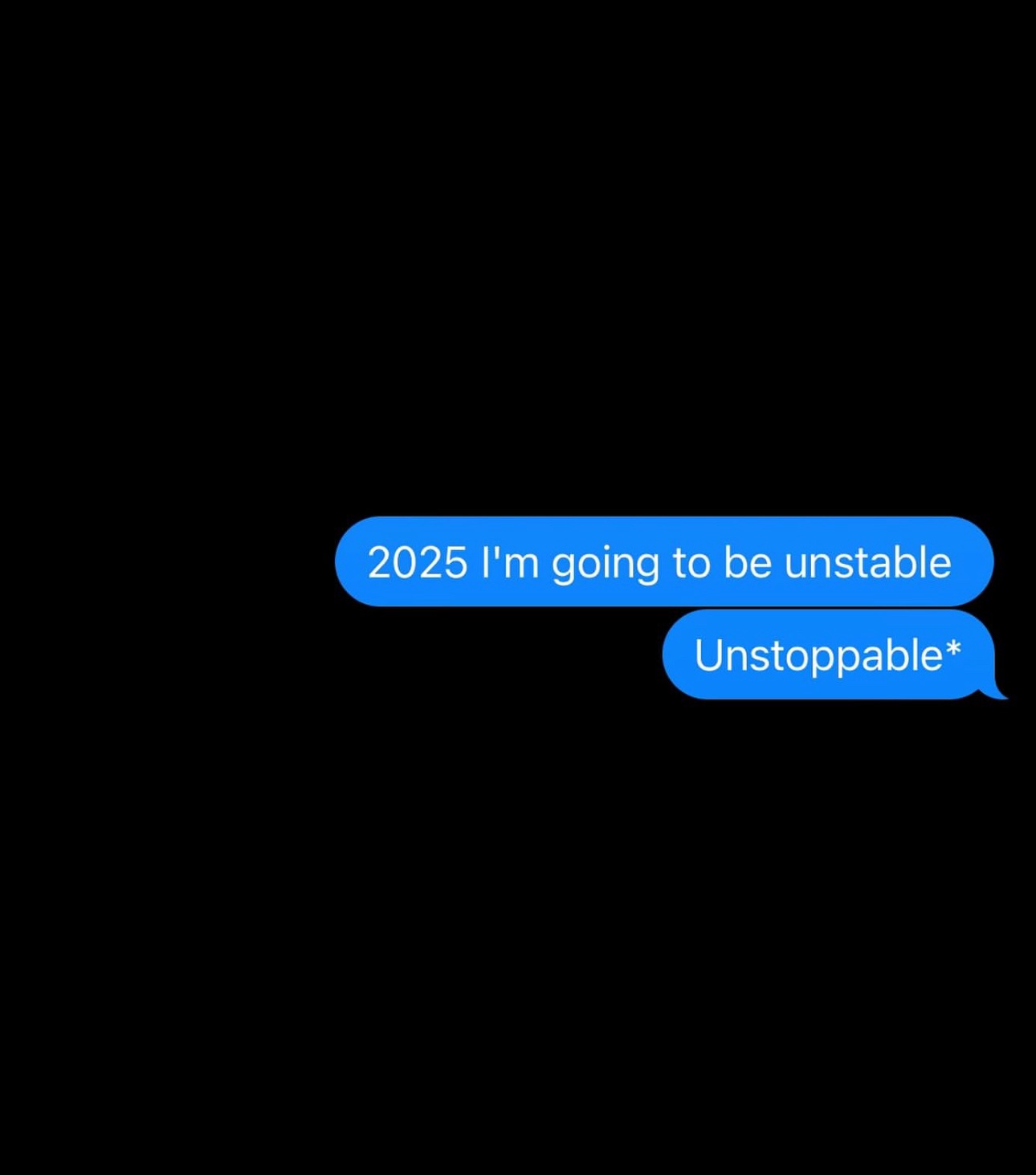 The image displays two blue text bubbles on a black background, mimicking a text message conversation. The first bubble…