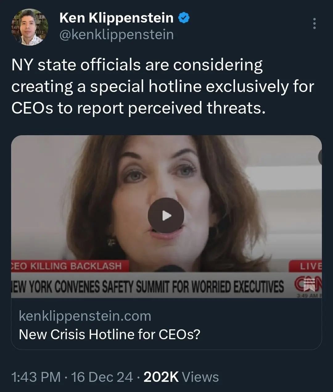 A screenshot of a tweet by Ken Klippenstein shows a video thumbnail of a woman speaking on a news broadcast. The video has a…