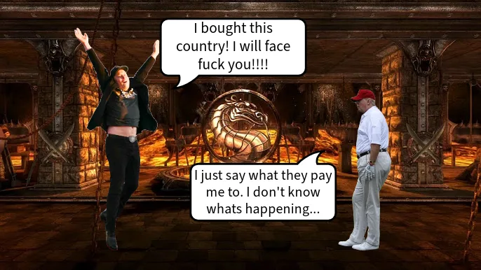 Two men stand in a Mortal Kombat-style arena with a dragon emblem. The man on the left, arms raised, has a speech bubble…