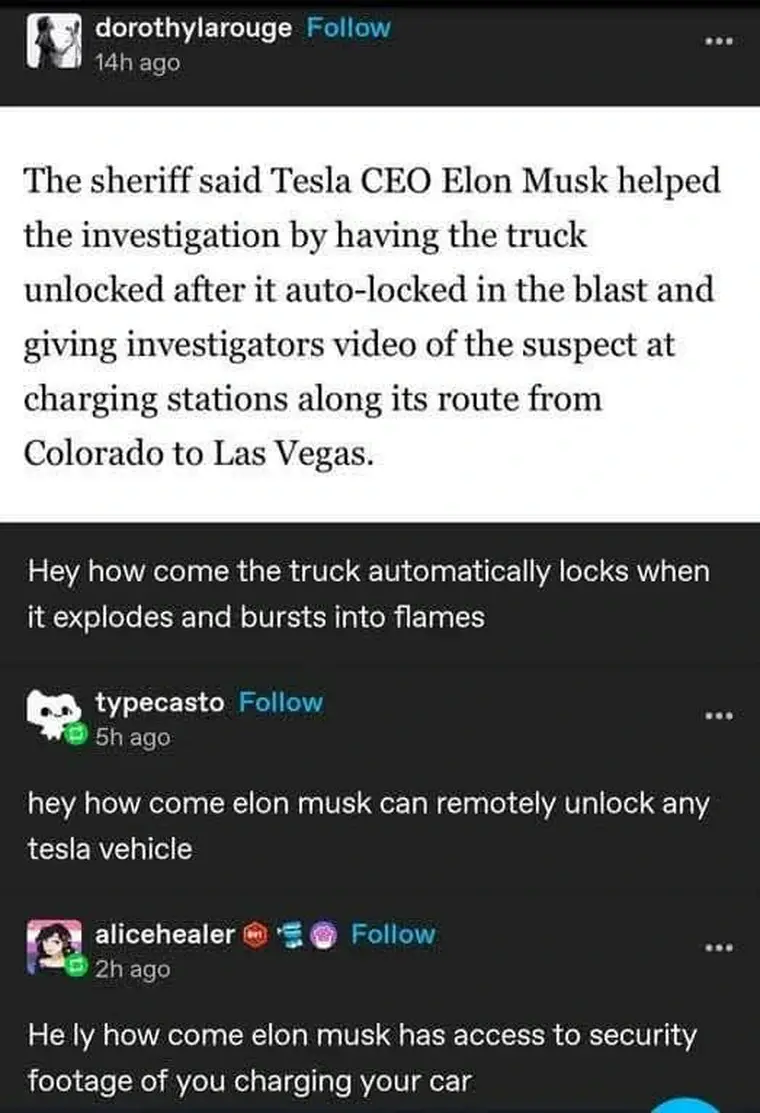 A screenshot of a social media thread where a user posts a news article about Elon Musk helping an investigation by remotely…