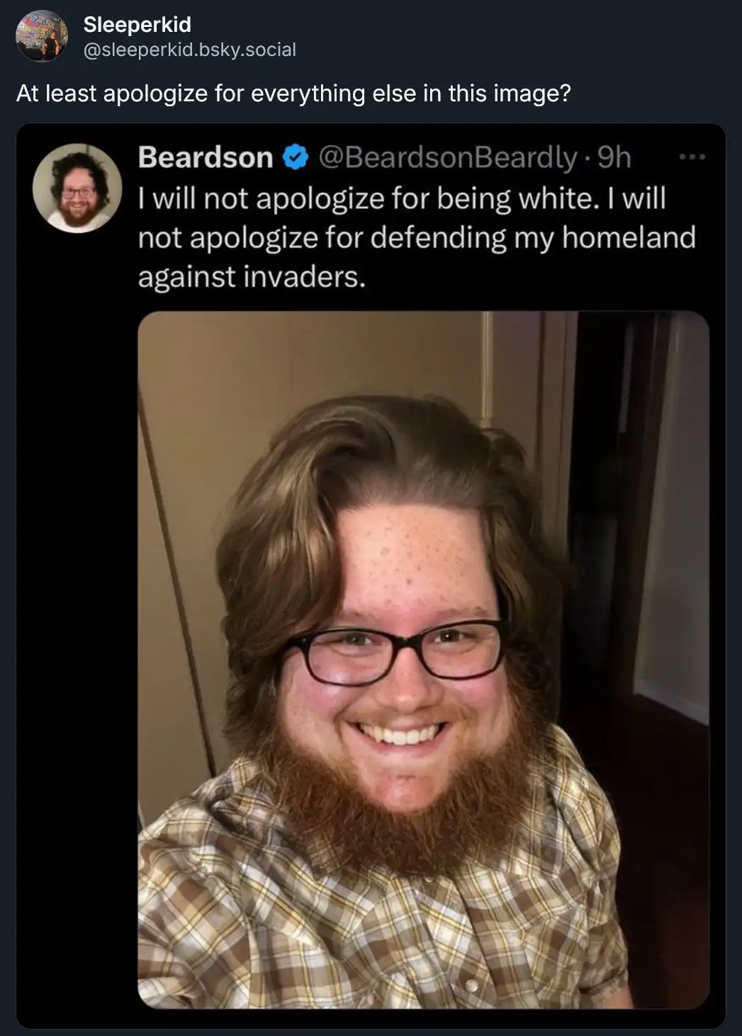 A screenshot of a social media post by 'Beardson' shows a photo of a smiling man with glasses, a full beard, and freckles…