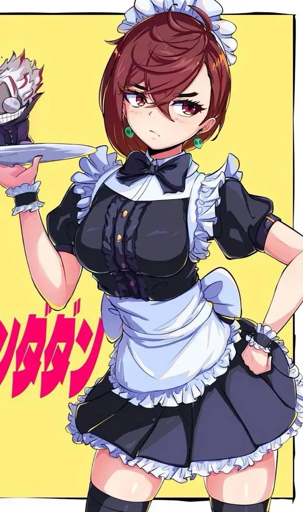 An anime-style illustration shows a young woman with brown hair and red eyes wearing a black and white maid outfit with…