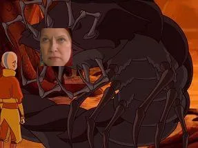 A still from the animated series 'Avatar: The Last Airbender' shows a large, menacing dark creature with multiple limbs…