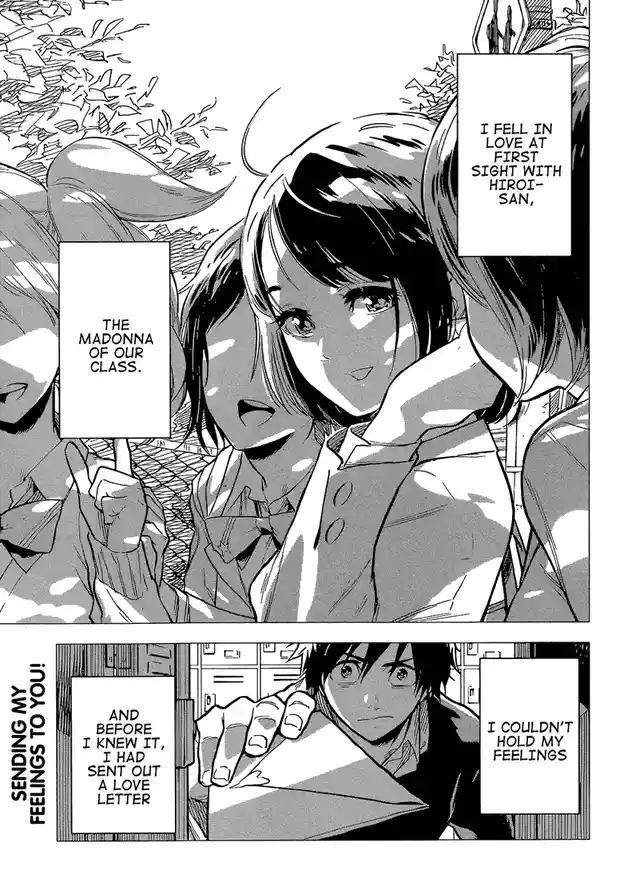 A manga panel shows a girl gazing adoringly at a boy, with text declaring her love for him and calling him 'the Madonna of…