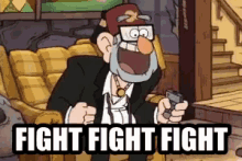 Six identical panels show the animated character Grunkle Stan from Gravity Falls, seated in a yellow armchair, holding a…