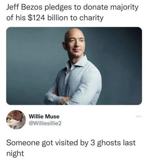 A photo of Jeff Bezos with arms crossed and a calm expression is overlaid with text. The top text reads 'Jeff Bezos pledges…