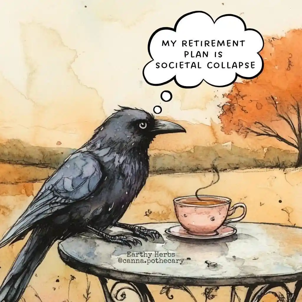 A watercolor illustration shows a black crow perched on a metal patio table next to a steaming pink teacup. A thought bubble…