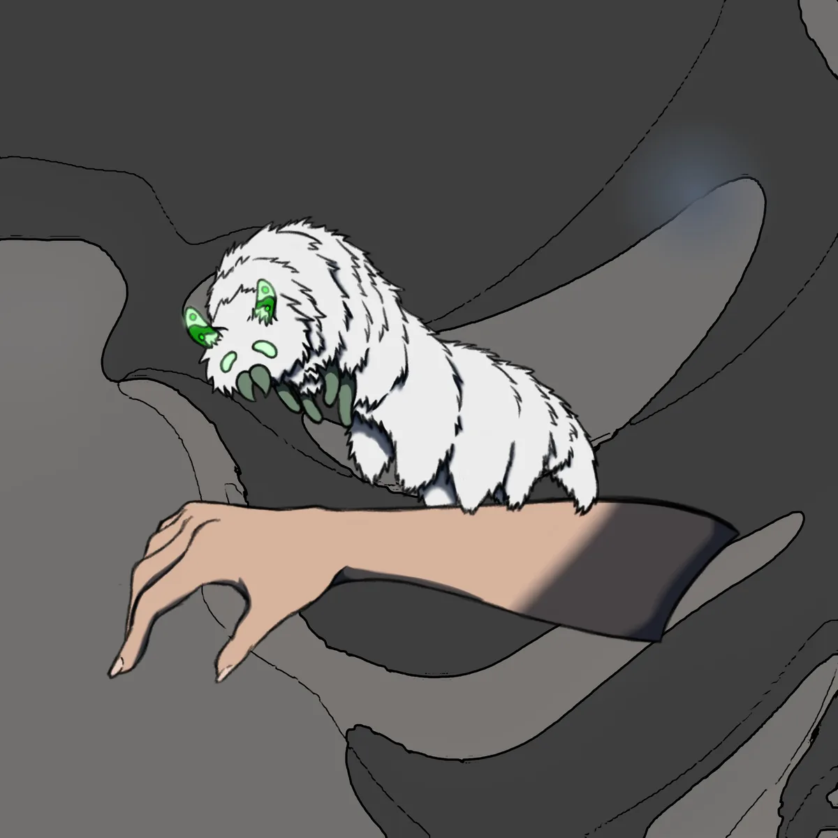 A cartoon drawing shows a small, white, furry creature with glowing green eyes and multiple green teeth perched on a human…