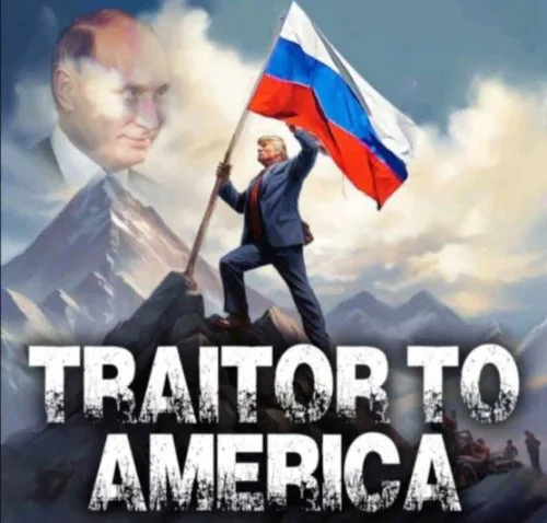 A digitally altered image shows Donald Trump standing atop a mountain peak, holding a Russian flag aloft. Behind him looms a…