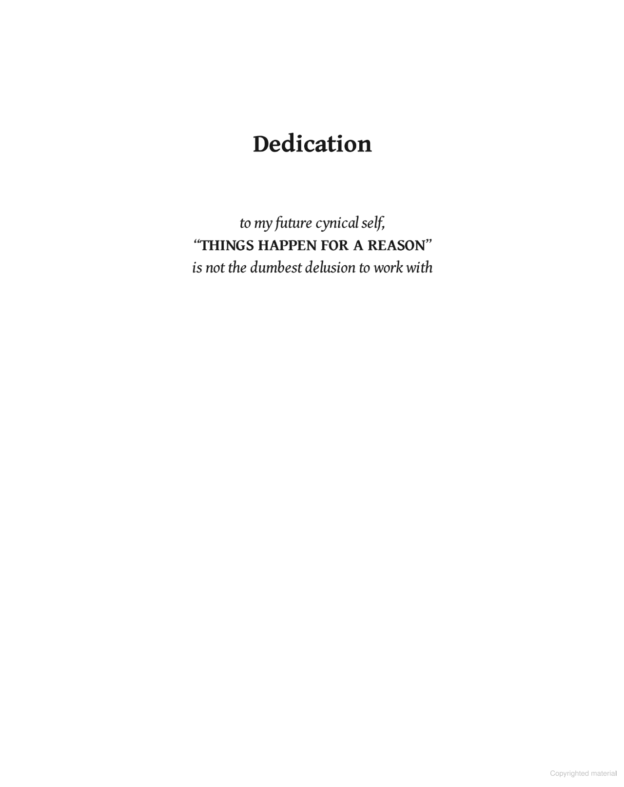 A minimalist white background with centered black serif text. The top line reads 'Dedication'. Below it, the text reads 'to…