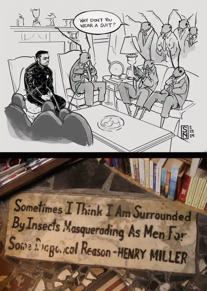 The top panel shows a man in a suit sitting in a living room, facing a group of anthropomorphic cockroaches also in suits…
