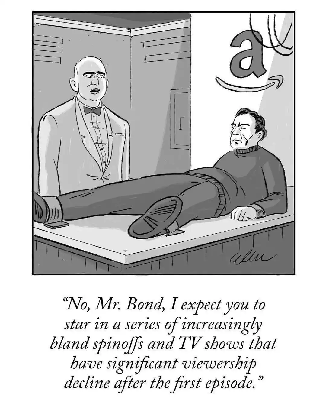 A black-and-white cartoon depicts a bald man in a tuxedo standing beside a desk where another man lies stretched out. The…
