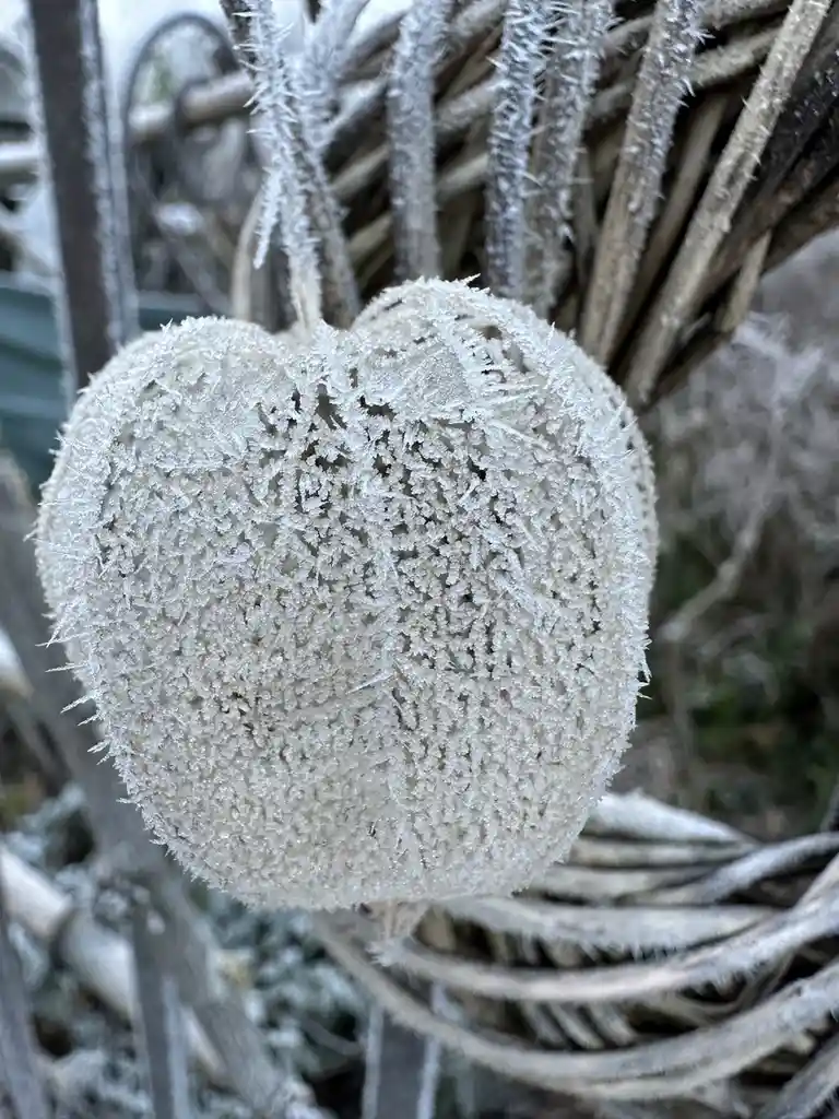 A close-up photo shows a heart-shaped decorative object, likely made of fabric or foam, completely covered in intricate…