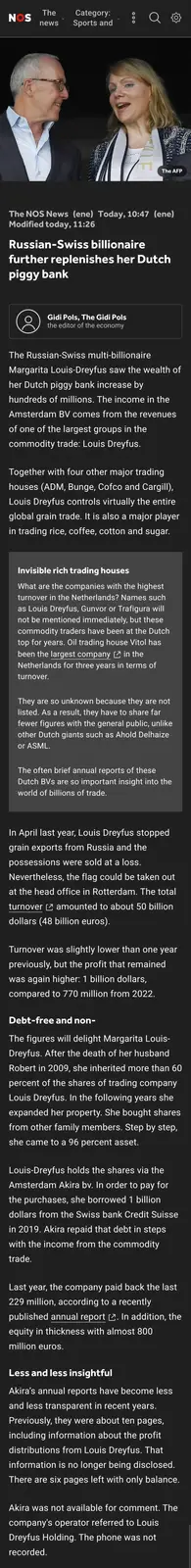 A screenshot of a NOS News article about Russian-Swiss billionaire Margarita Louis-Dreyfus replenishing her Dutch piggy…