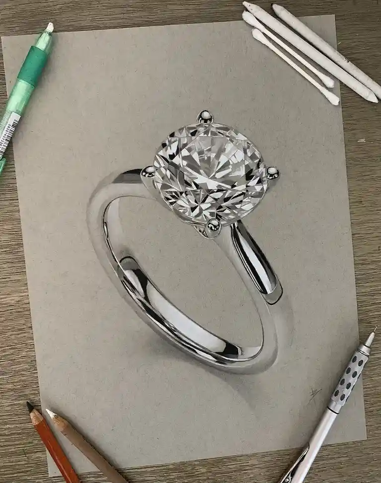 A hyperrealistic pencil drawing of a diamond engagement ring on gray paper, surrounded by art supplies including pencils, a…