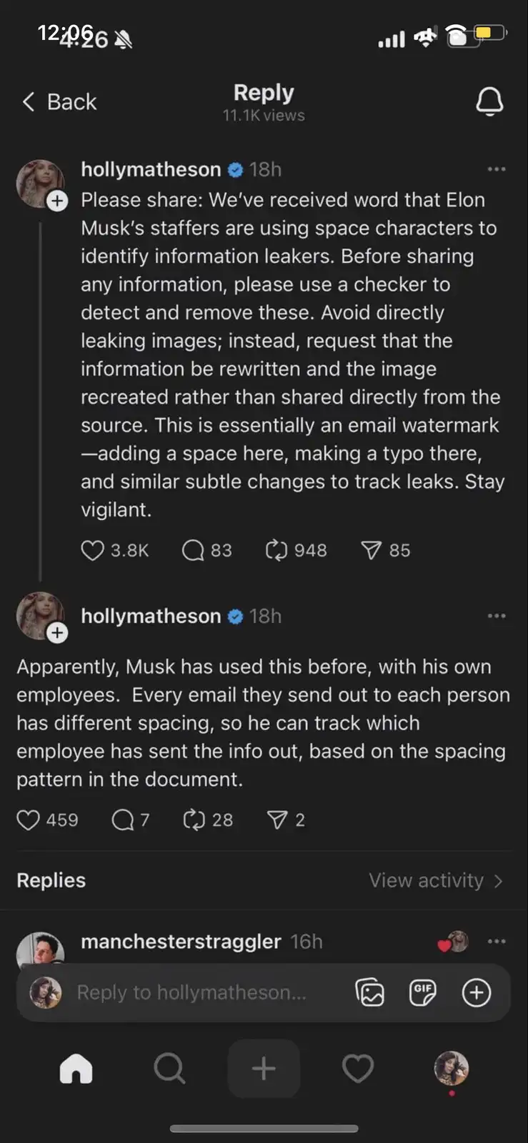A screenshot of an Instagram comment thread where user hollymatheson claims Elon Musk's staff use intentional spacing and…