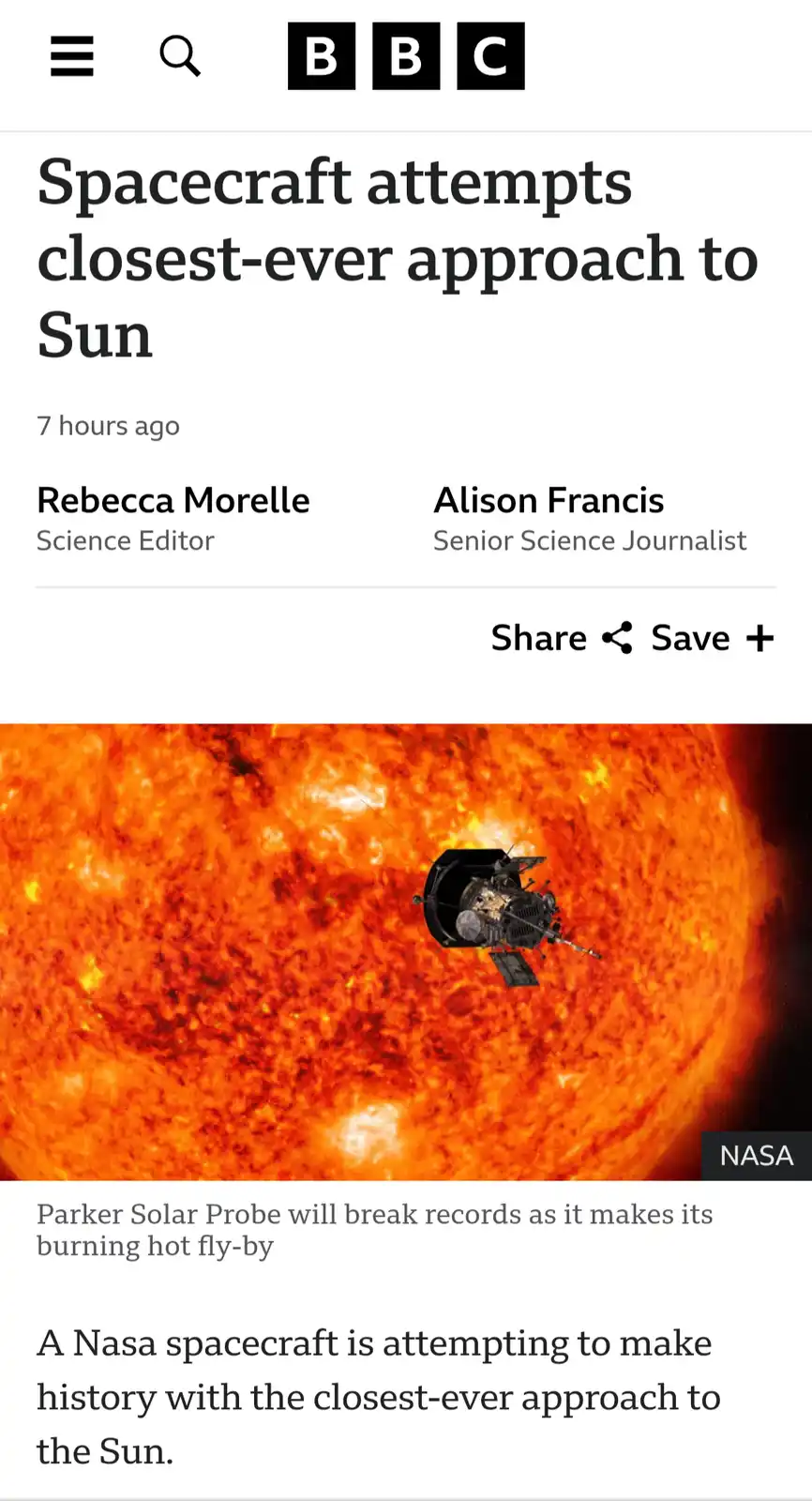 A BBC news article screenshot shows a spacecraft flying near the fiery surface of the Sun, with the headline 'Spacecraft…