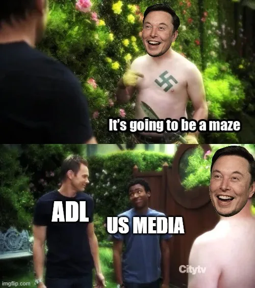 A two-panel meme featuring a shirtless man with a swastika tattoo pointing and smiling, overlaid with the text 'It's going…