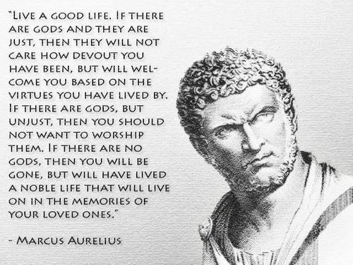 A black-and-white image of a classical Roman bust, likely Marcus Aurelius, with a long philosophical quote overlaid in a…