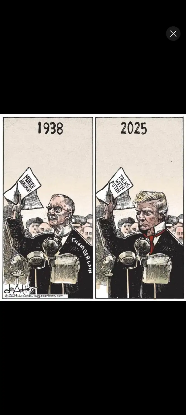 This political cartoon is split into two panels. The left panel, labeled '1938', shows a man identified as 'CHAMBERLAIN'…