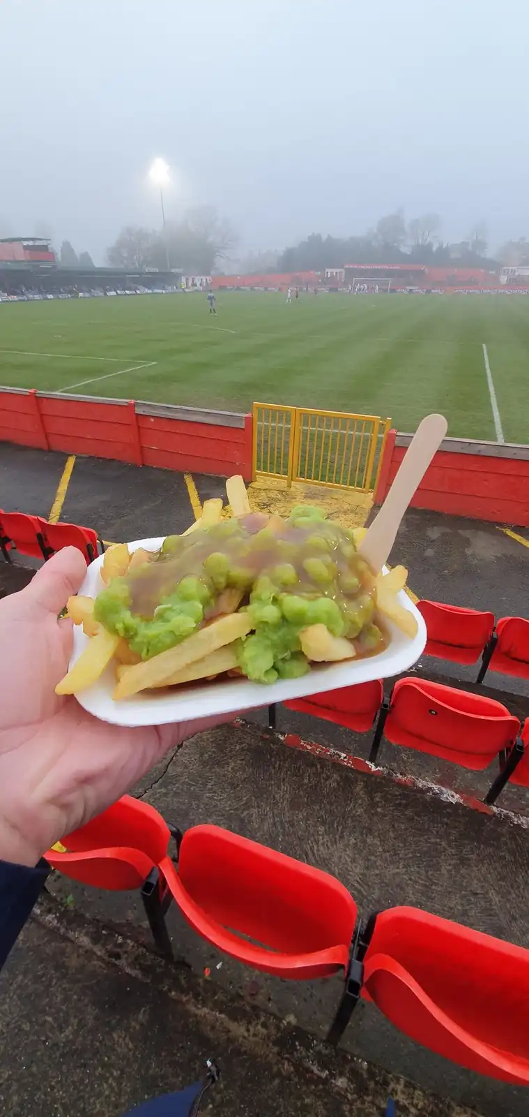 A hand holds a white foam plate of french fries topped with green mushy peas and brown gravy, with a wooden spoon stuck in…