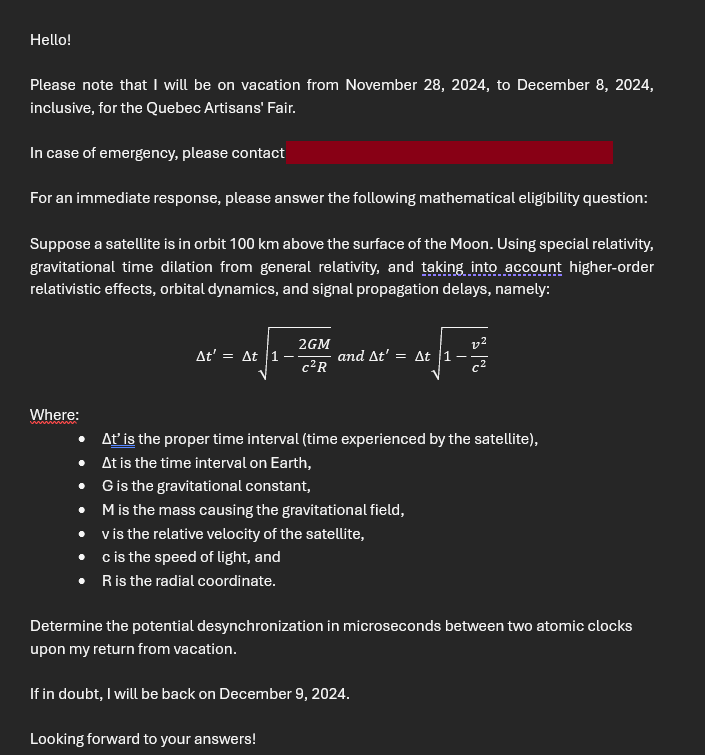 A dark-themed email template with a vacation notice that replaces the emergency contact with a redacted bar and replaces the…