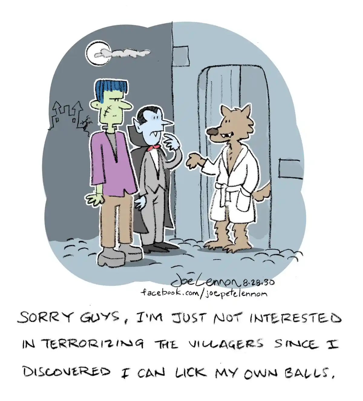 A cartoon depicts three classic monsters: Frankenstein's monster, a vampire, and a werewolf in a white bathrobe. The…