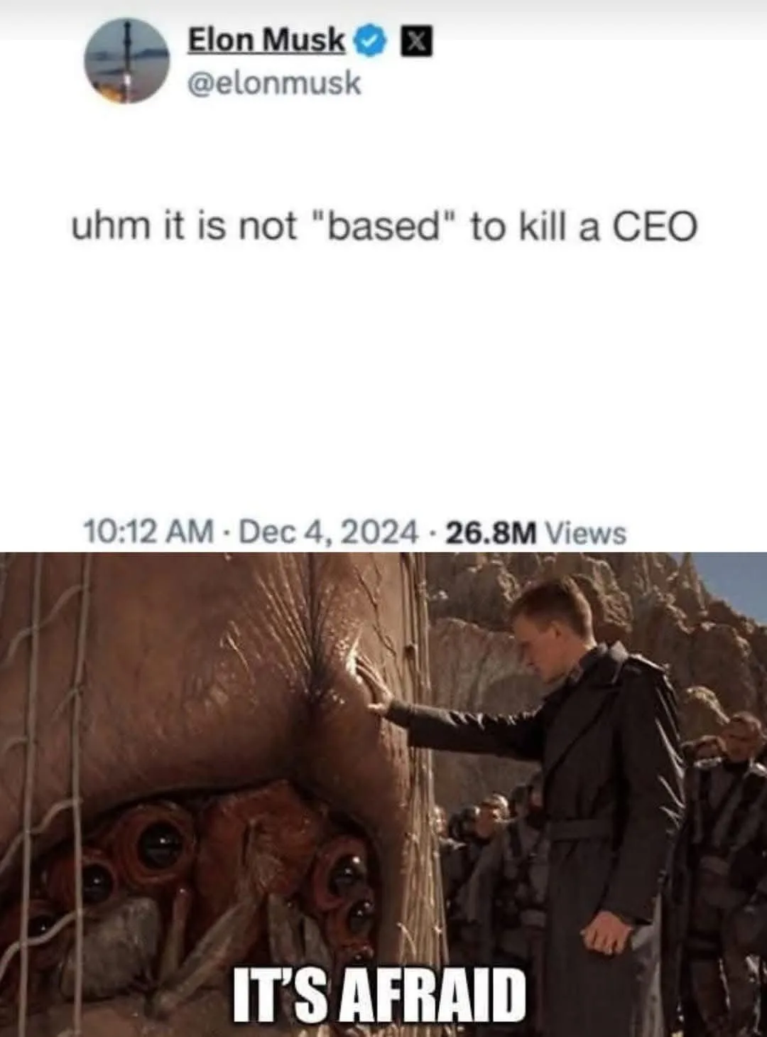 The image displays a screenshot of a fictional tweet attributed to Elon Musk, which reads 'uhm it is not "based" to kill a…