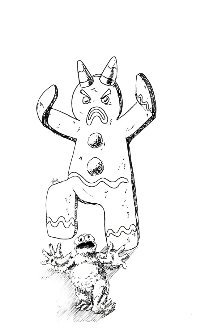 A black-and-white sketch shows a small, furry, wide-eyed monster (Cookie Monster) looking up in shock at a giant, angry…