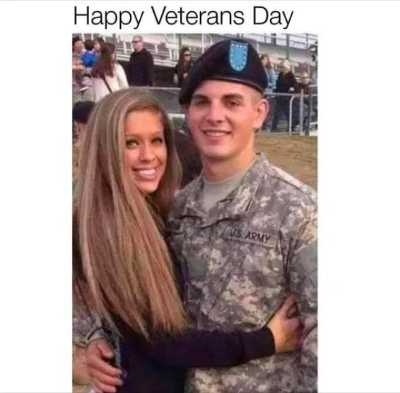 A smiling woman with long brown hair hugs a smiling man in a U.S. Army camouflage uniform and beret. The text 'Happy…