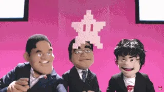 Six panels show three puppet-like figures in suits against a pink background with a pixelated star. The figures react with…