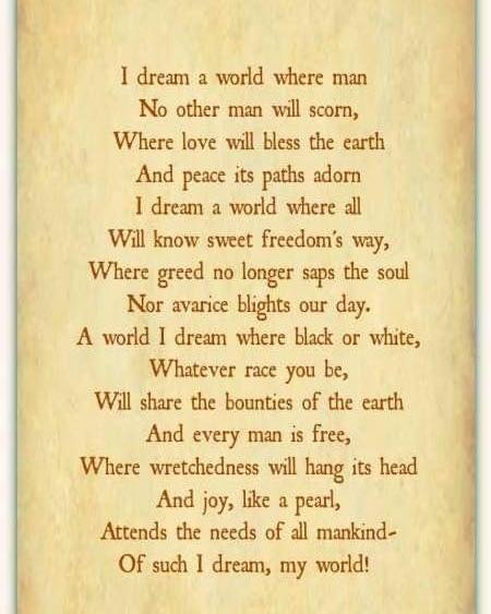 The image displays a poem printed in brown text on a parchment-like background. The poem, titled 'I dream a world where…