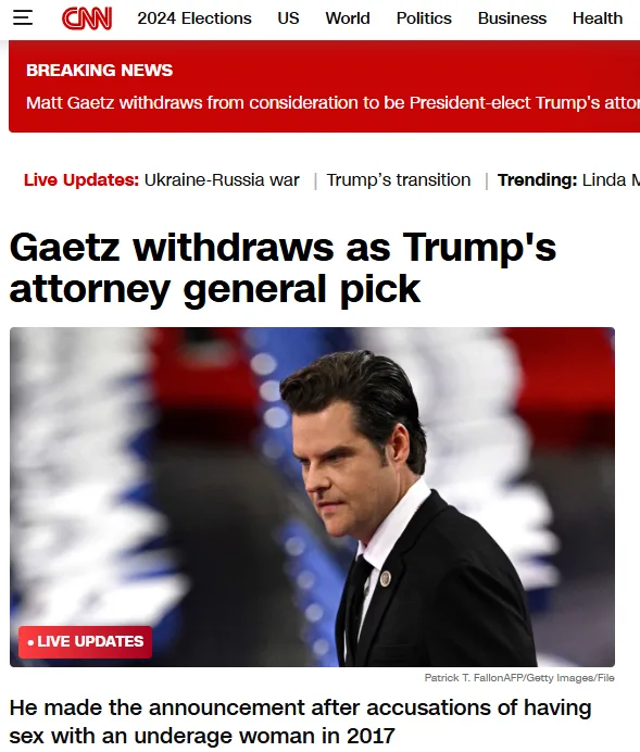 A screenshot of a CNN news article with a headline reading 'Gaetz withdraws as Trump's attorney general pick' and a photo of…