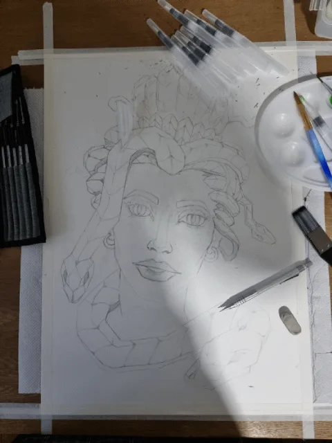 A six-panel grid shows the progressive stages of an artist drawing Medusa, starting with a pencil sketch, then adding…