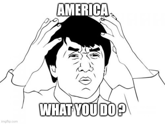 A black and white line drawing of Jackie Chan with both hands on his head, looking bewildered. The text 'AMERICA' is at the…