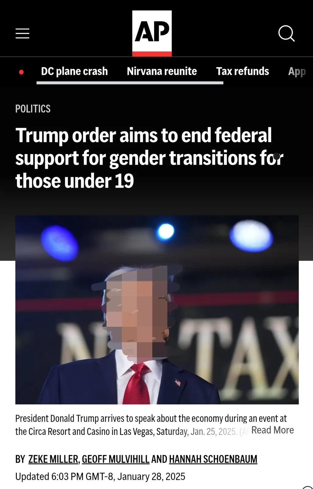 A screenshot of an AP news article with a blurred image of Donald Trump. The headline reads 'Trump order aims to end federal…