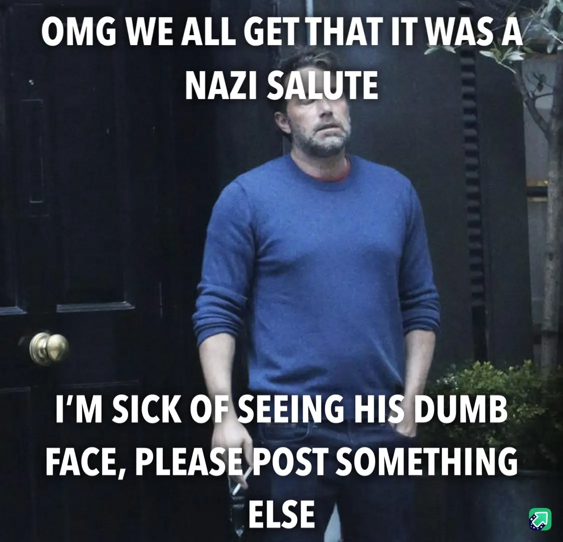 A man in a blue sweater stands in front of a dark door with a weary, exasperated expression. The overlaid text reads 'OMG WE…
