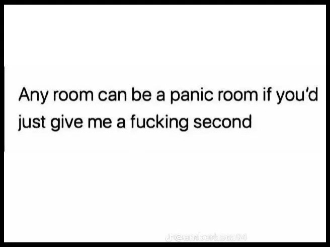 A plain white background with black text that reads 'Any room can be a panic room if you'd just give me a fucking second'…