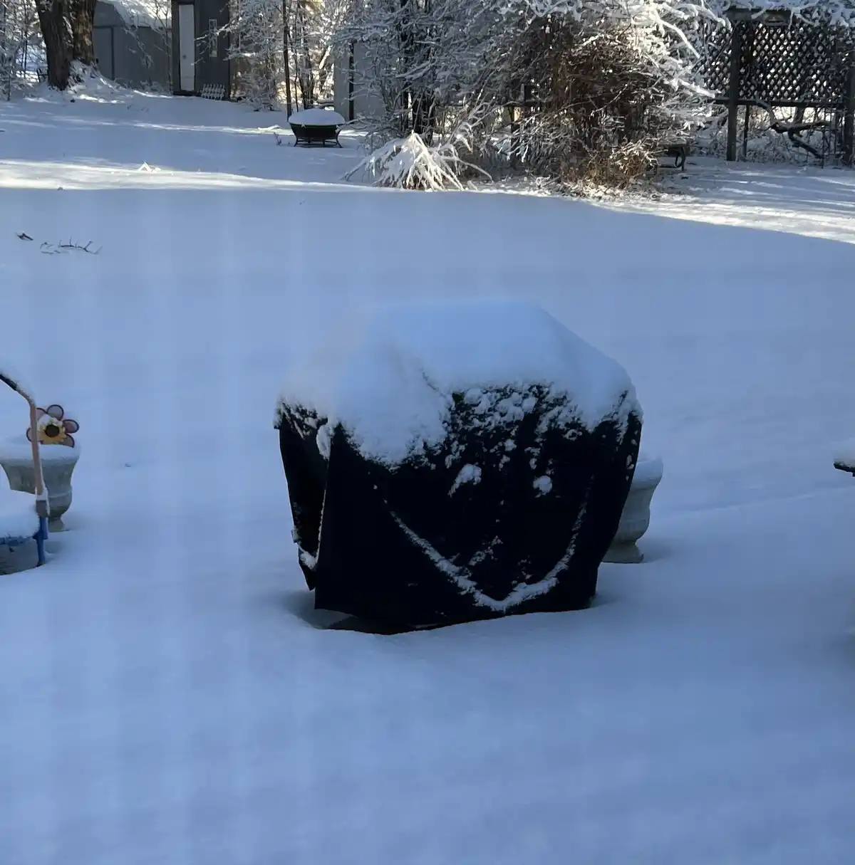 A snow-covered outdoor grill with a black cover sits in a backyard blanketed in snow, with snow-dusted trees and a shed in…