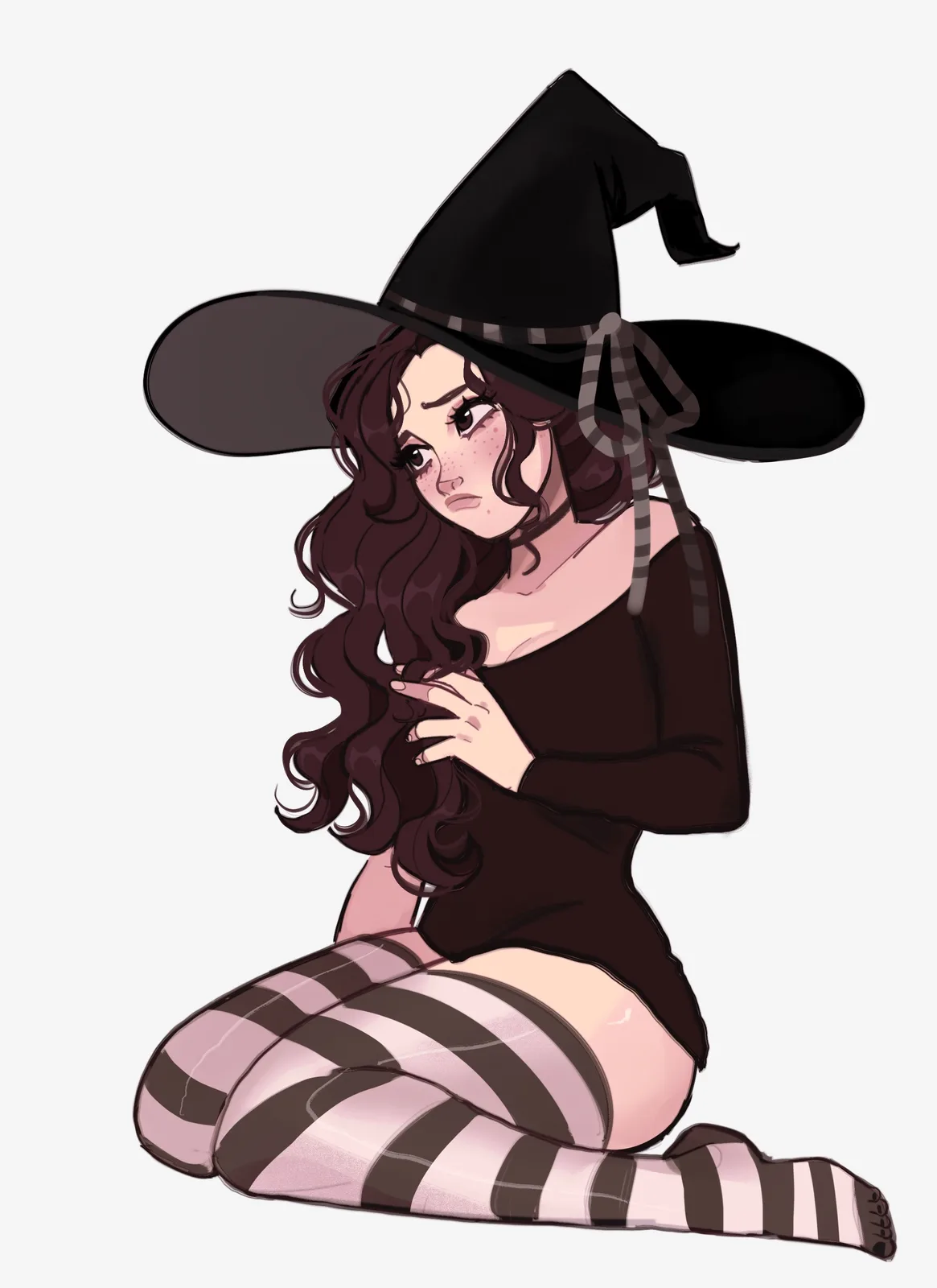 An anime-style illustration of a young woman with long dark curly hair, wearing a large black witch's hat with a striped…