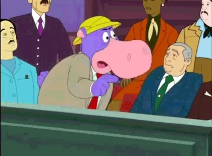 A six-panel comic strip from the animated series 'The Wild Thornberrys' shows a purple hippo character in a courtroom…
