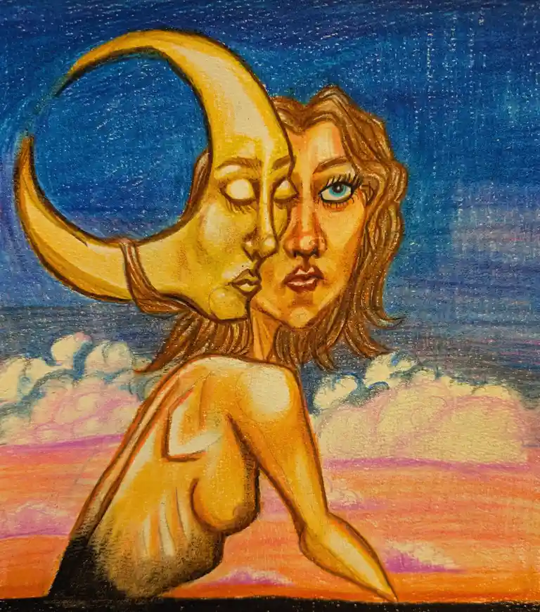 A surreal drawing depicts a woman with a crescent moon for a head, her face split between a closed-eyed, moon-like half and…