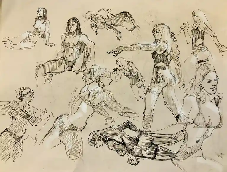 A sepia-toned sketch sheet filled with multiple pencil drawings of women in various poses, some nude or in lingerie, with…