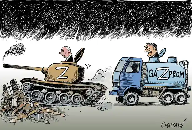 A cartoon depicts a man in a tank marked with a 'Z' driving toward rubble, while another man in a blue Gazprom tanker truck…