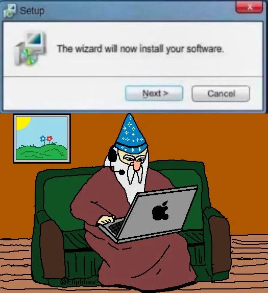 A cartoon wizard with a blue pointy hat and white beard sits on a green couch using a silver laptop with an Apple logo…
