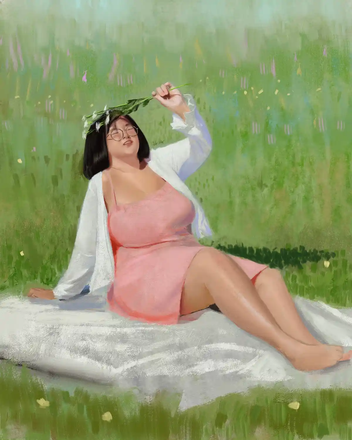A digital painting shows a woman with short black hair and glasses, wearing a pink dress and white cardigan, lounging on a…
