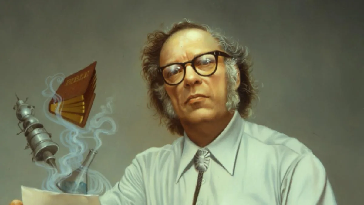A man with curly hair and thick-rimmed glasses, wearing a white shirt and bolo tie, looks sternly at the viewer while…